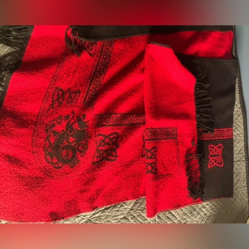 Red & Black Poncho Like Shawl. Reversible. Star dragon print.